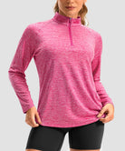 women's quarter zip sun protective pullover in heather rose - collar detail