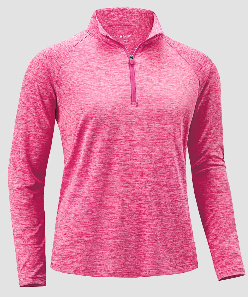 women's quarter zip sun protective pullover in heather rose - fabric detail