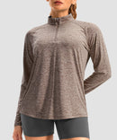 women's quarter zip sun protective pullover in heather tea brown - collar detail