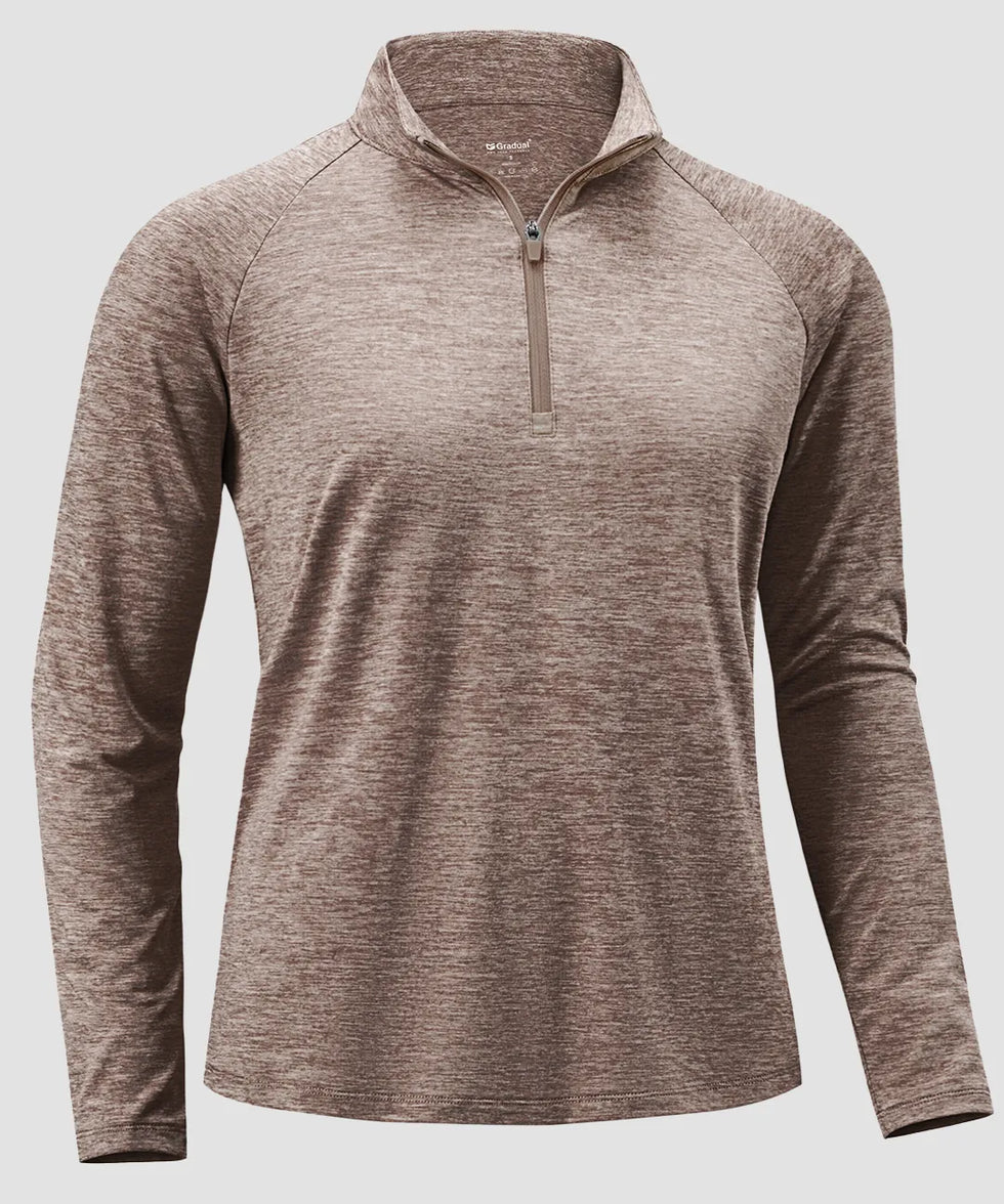 women's quarter zip sun protective pullover in heather tea brown - fabric detail