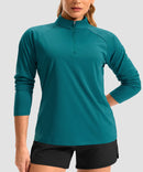 women's quarter zip sun protective pullover in lake green - collar detail