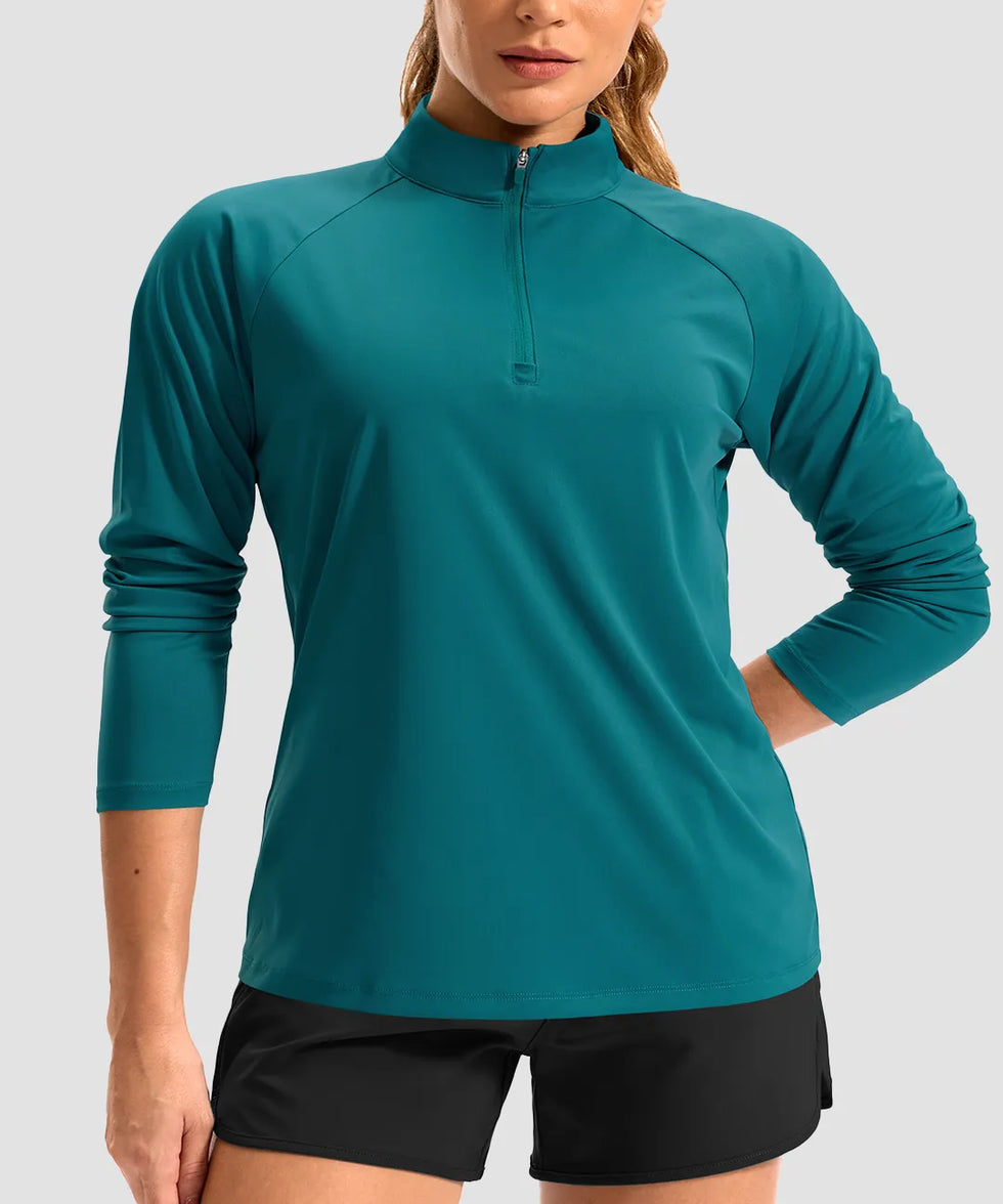 women's quarter zip sun protective pullover in lake green - collar detail
