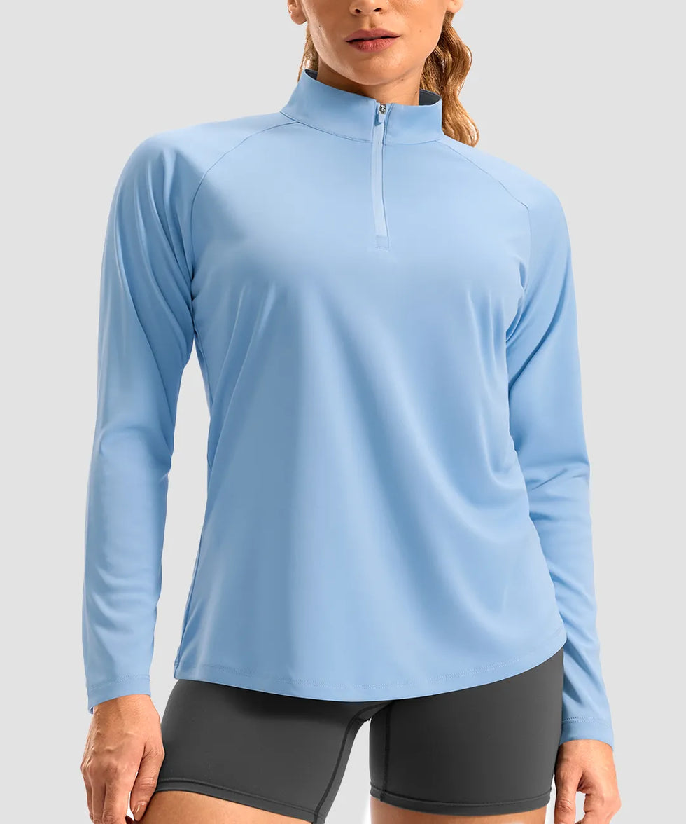 women's quarter zip sun protective pullover in light blue - collar detail