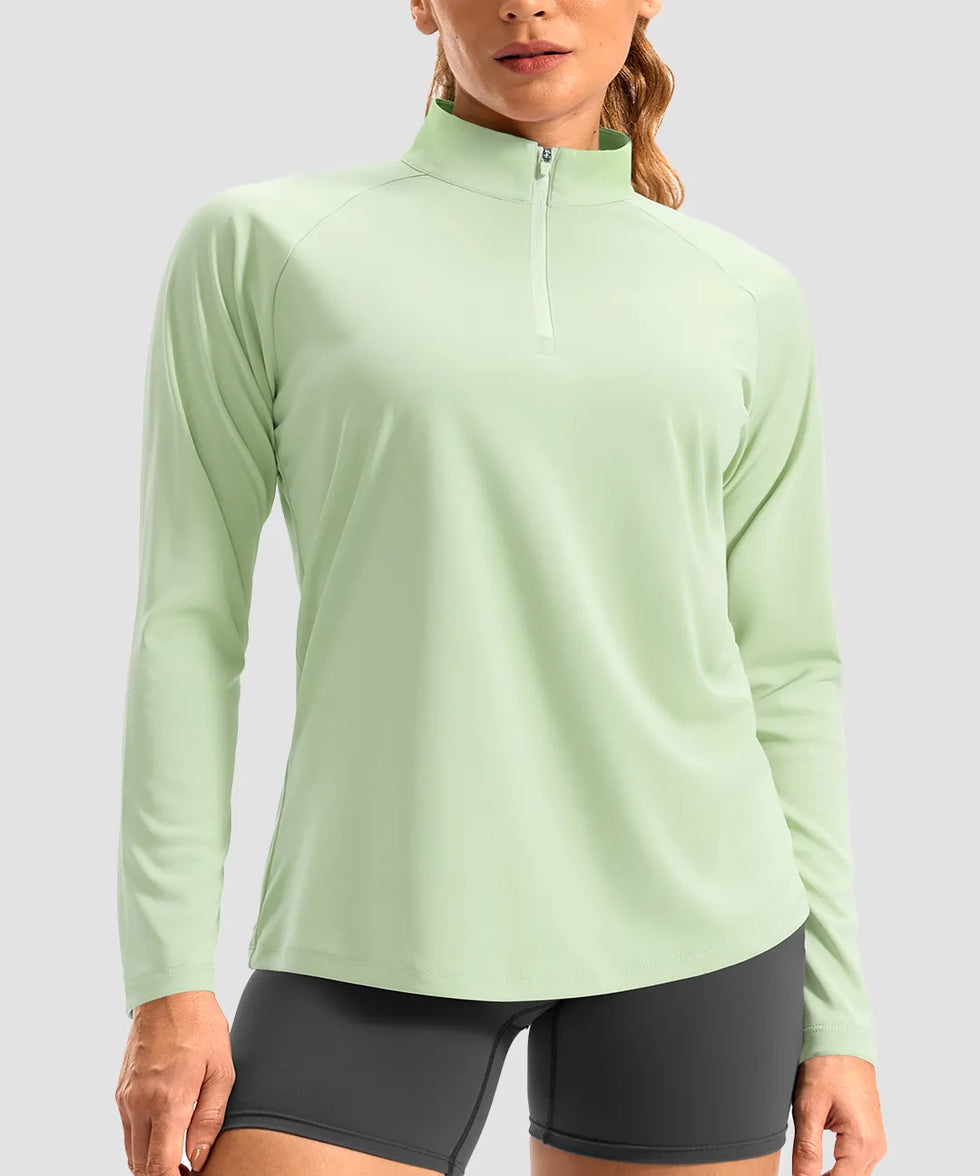 women's quarter zip sun protective pullover in mint green - collar detail