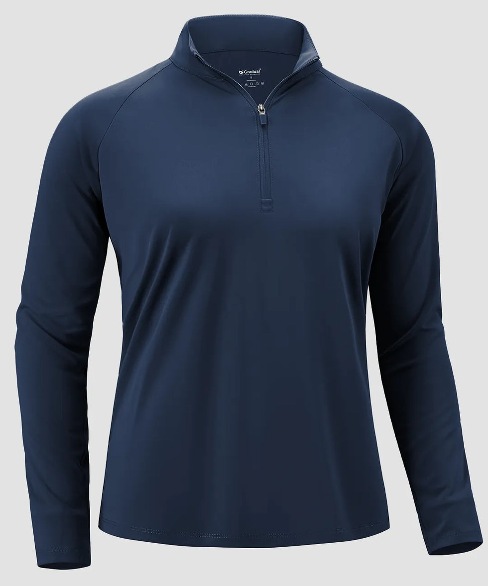 women's quarter zip sun protective pullover in navy - fabric detail