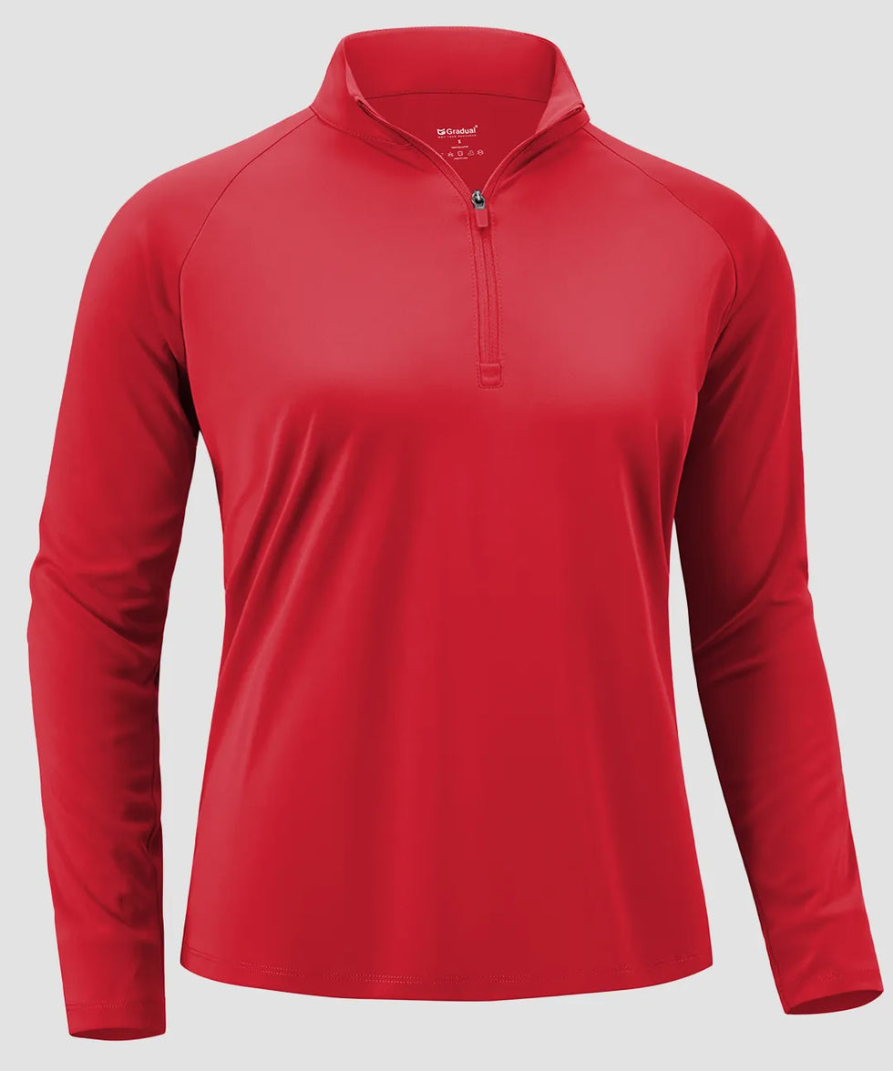 women's quarter zip sun protective pullover in red - fabric detail