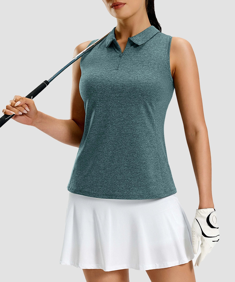 women's racerback quarter zip polo tank in lake green - collar detail view