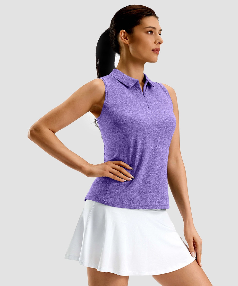 women's racerback quarter zip polo tank in violet - collar detail view