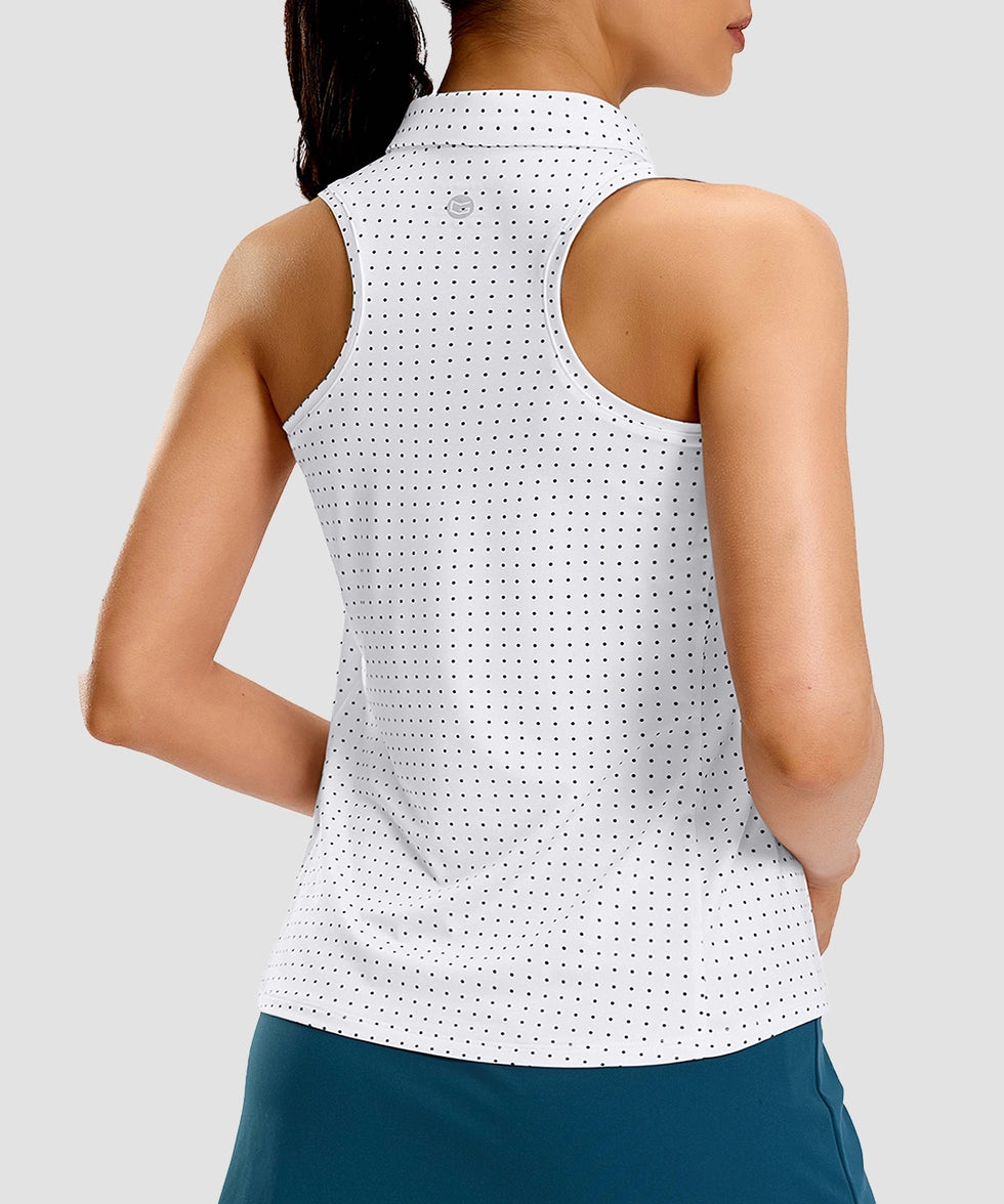 women's racerback quarter zip polo tank in white dot - back view