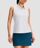 women's racerback quarter zip polo tank in white dot - collar detail view