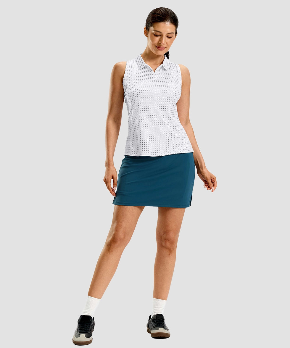 women's racerback quarter zip polo tank in white dot - front view