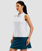 women's racerback quarter zip polo tank in white dot - side view