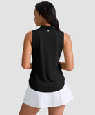 women's sleeveless zip up polo shirts in black - back view