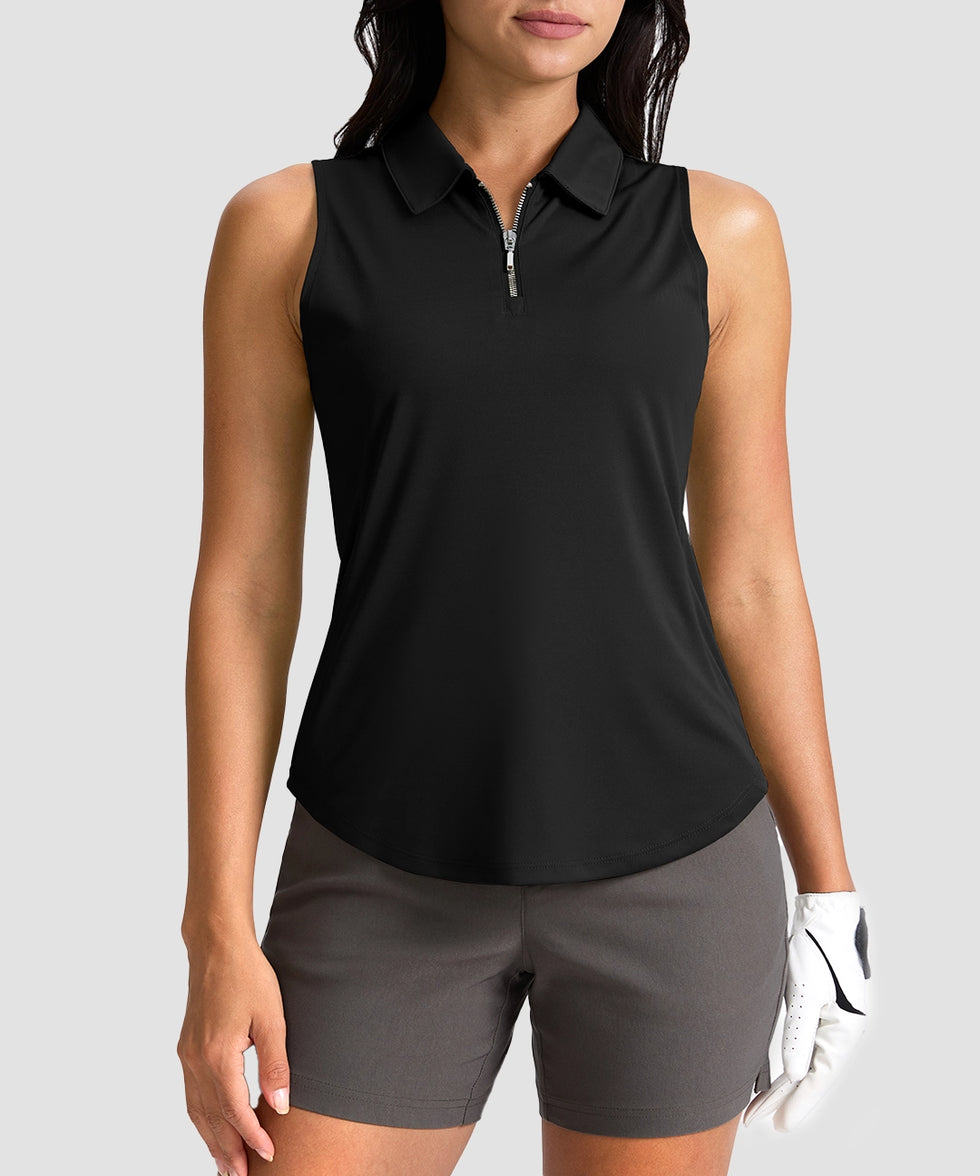 women's sleeveless zip up polo shirts in black - front view