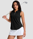 women's sleeveless zip up polo shirts in black - side view