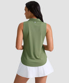 women's sleeveless zip up polo shirts in bronze green - back view