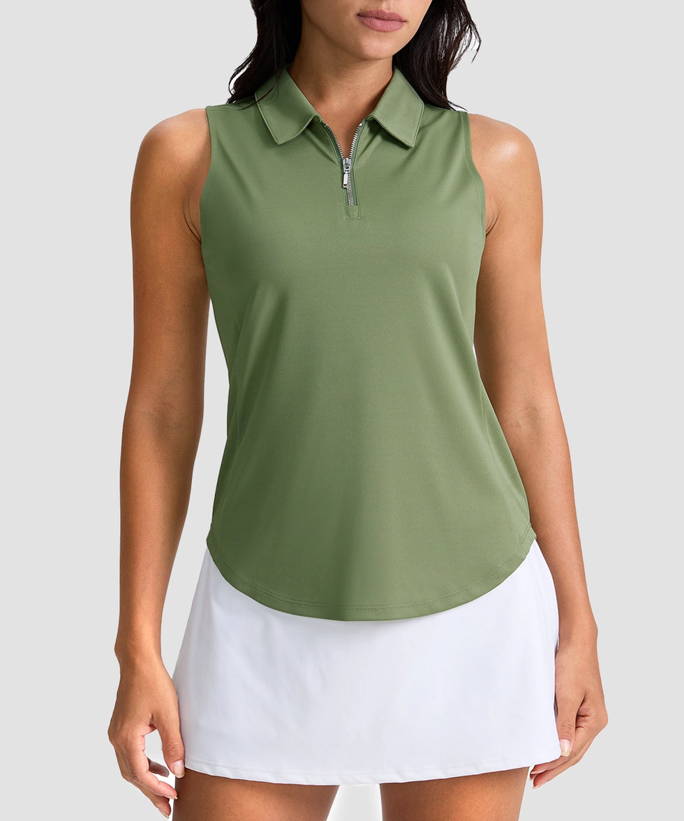 women's sleeveless zip up polo shirts in bronze green - front view