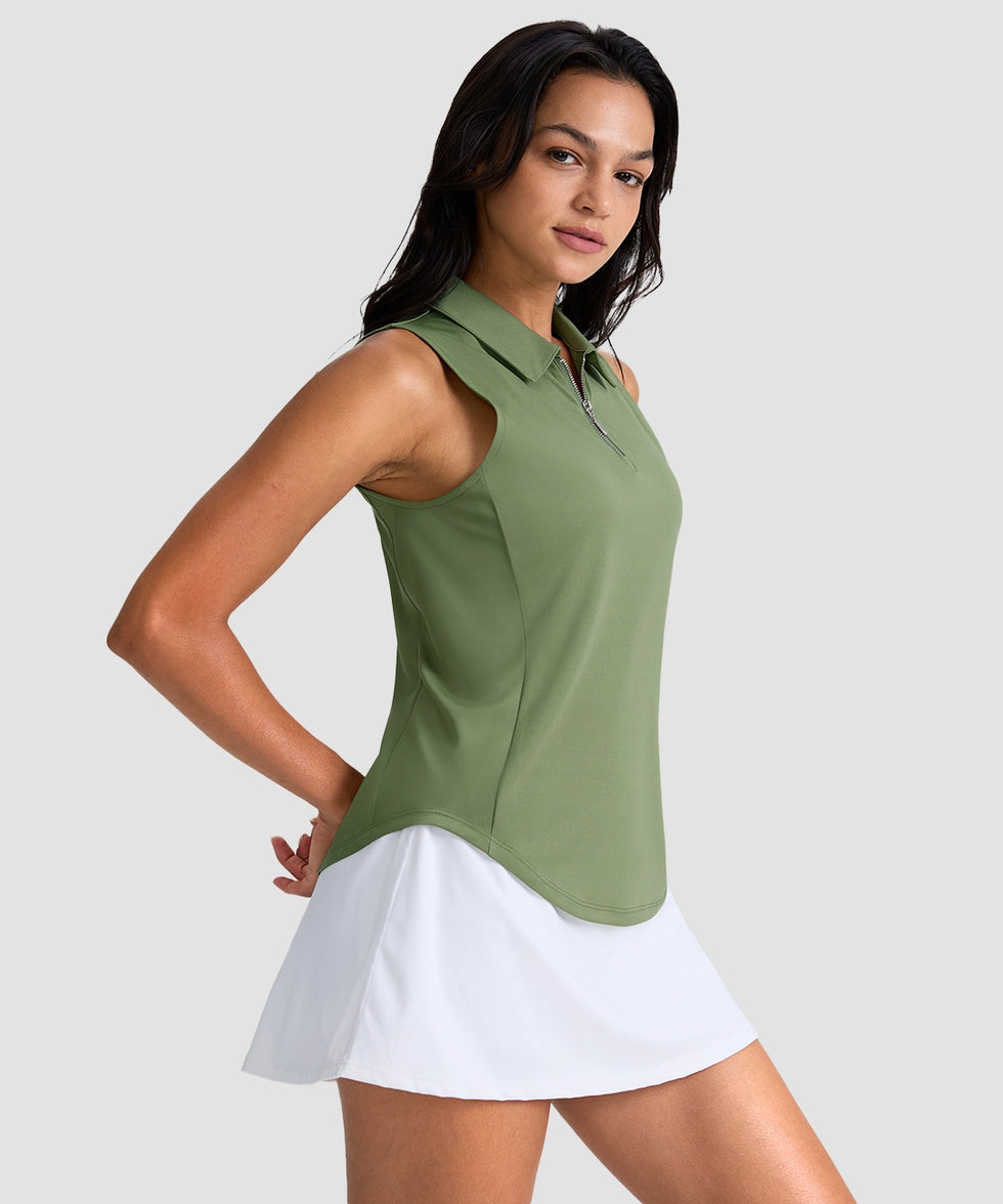 women's sleeveless zip up polo shirts in bronze green - side view