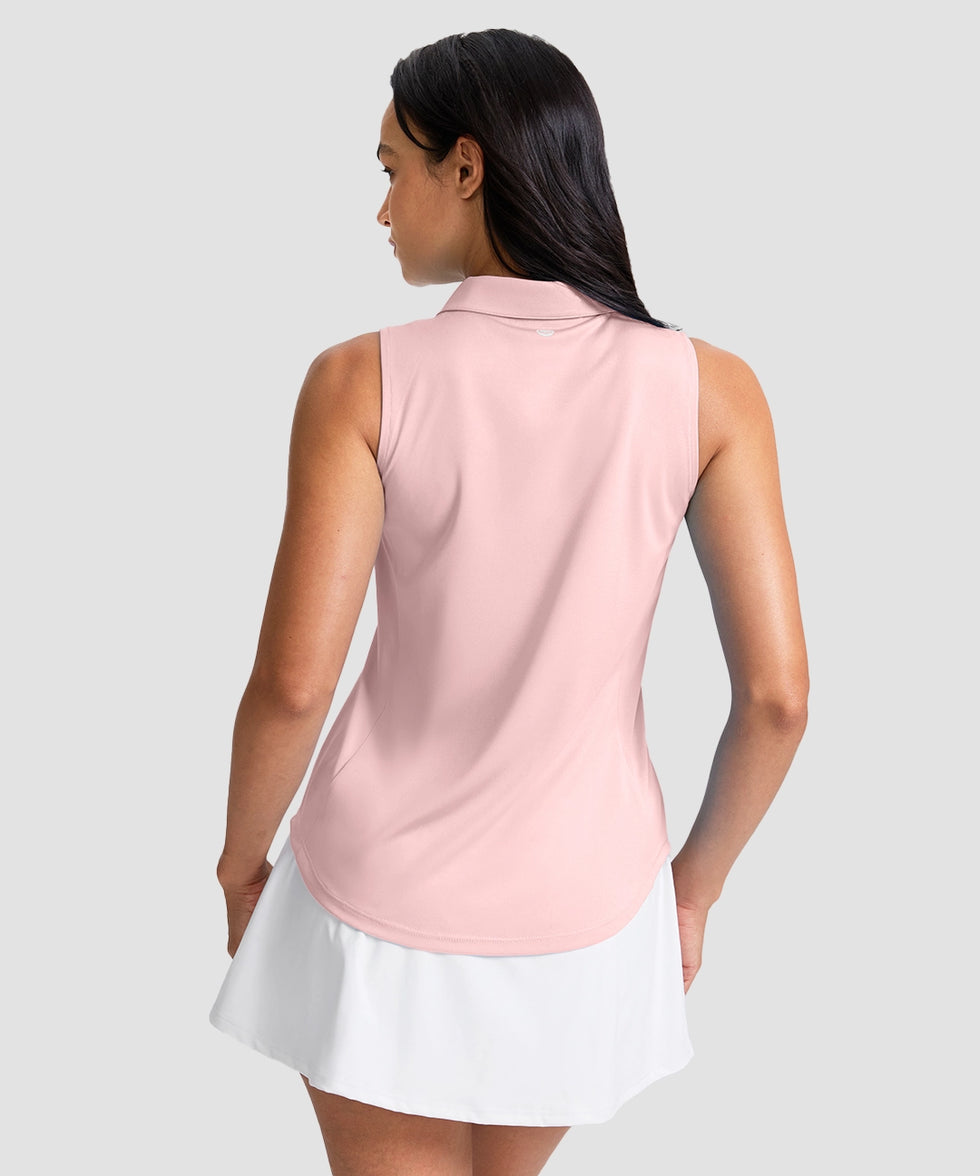 women's sleeveless zip up polo shirts in light pink - back view