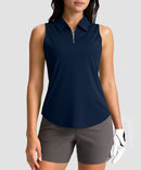 women's sleeveless zip up polo shirts in navy - front view
