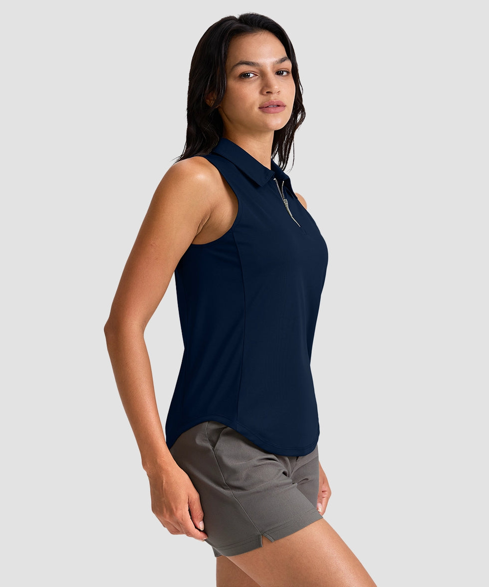 women's sleeveless zip up polo shirts in navy - side view