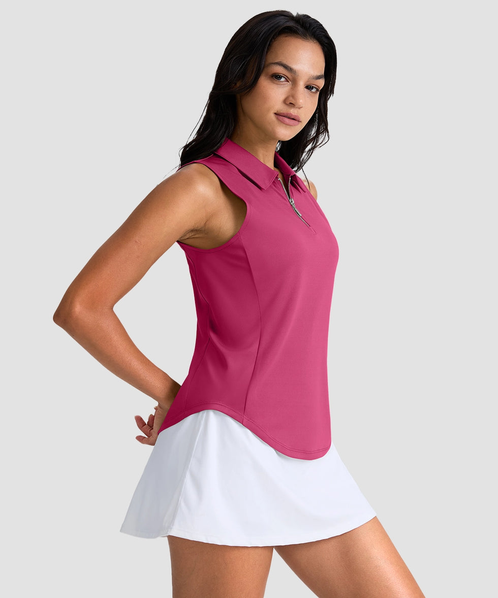 women's sleeveless zip up polo shirts in rose red - side view