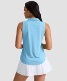 women's sleeveless zip up polo shirts in sky blue - back view