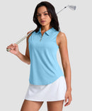 women's sleeveless zip up polo shirts in sky blue - side view