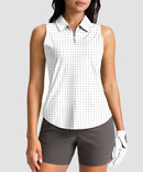women's sleeveless zip up polo shirts in white dot - front view