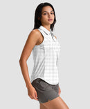 women's sleeveless zip up polo shirts in white dot - side view