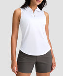 women's sleeveless zip up polo shirts in white - front view