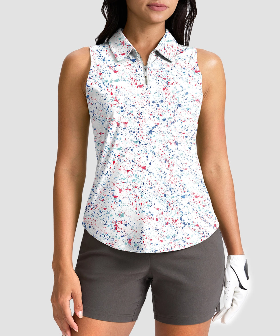 women's sleeveless zip up polo shirts in white ink jet - front view