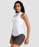 women's sleeveless zip up polo shirts in white - side view