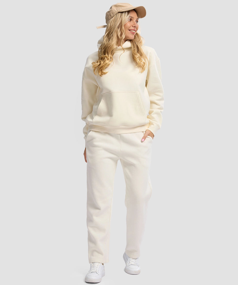 women's solid color oversized fleece hoodie in beige - matching outfits view