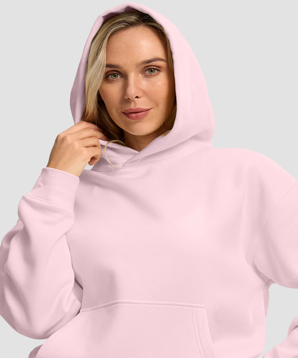women's solid color oversized fleece hoodie in pink - collar detail view