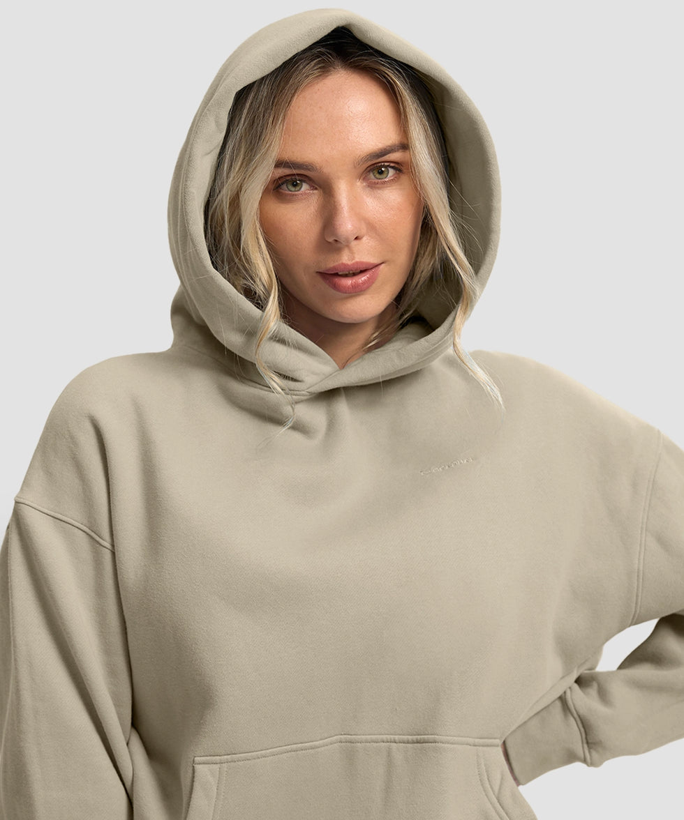 women's solid color oversized fleece hoodie in taupe - collar detail view