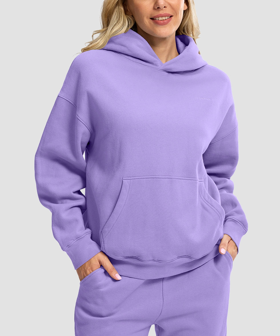women's solid color oversized fleece hoodie in violet - front view