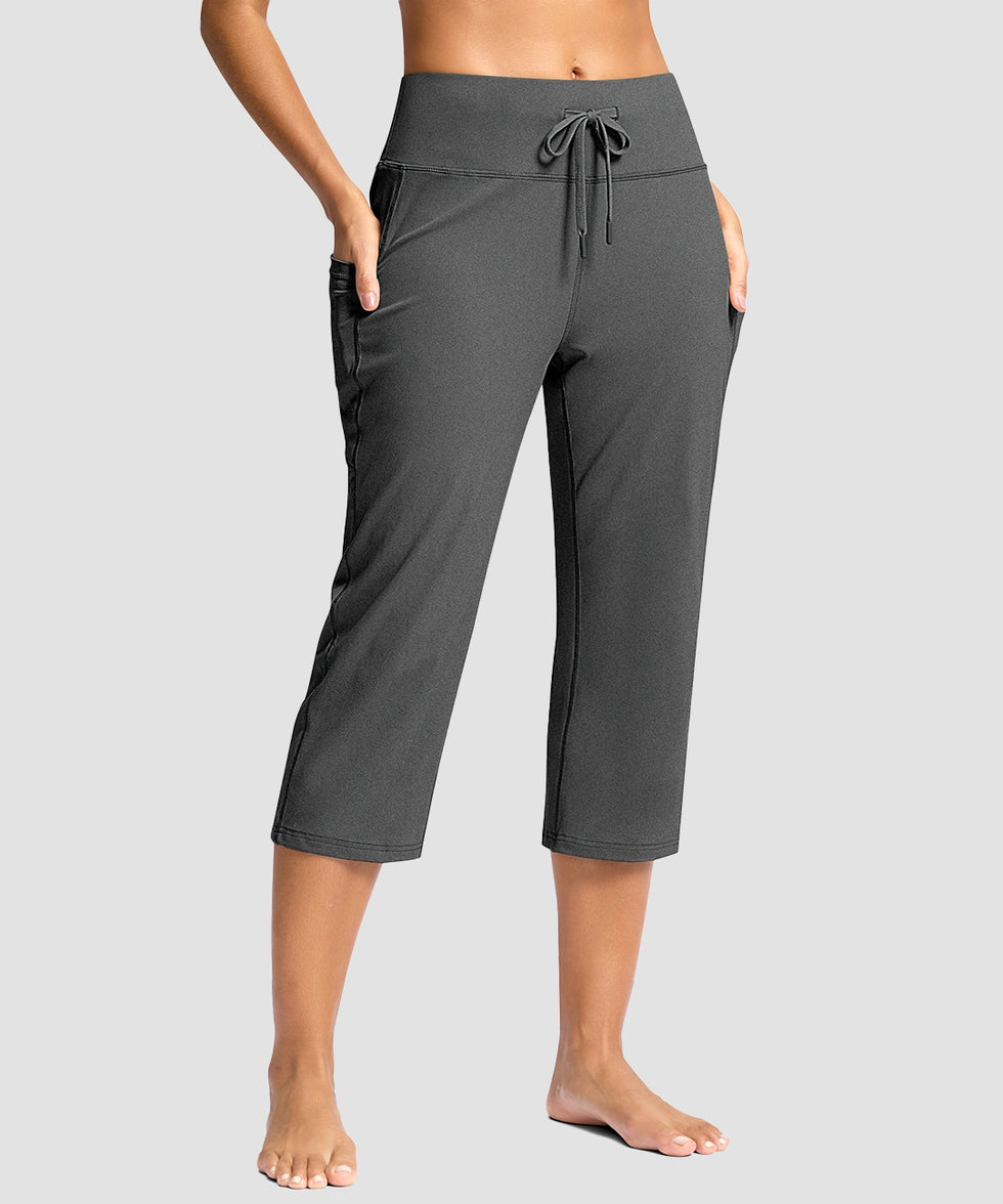 women's straight leg yoga capri pants in heather charcoal - front view