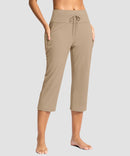 women's straight leg yoga capri pants in light khaki - front view