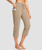 women's straight leg yoga capri pants in light khaki - pocket details view