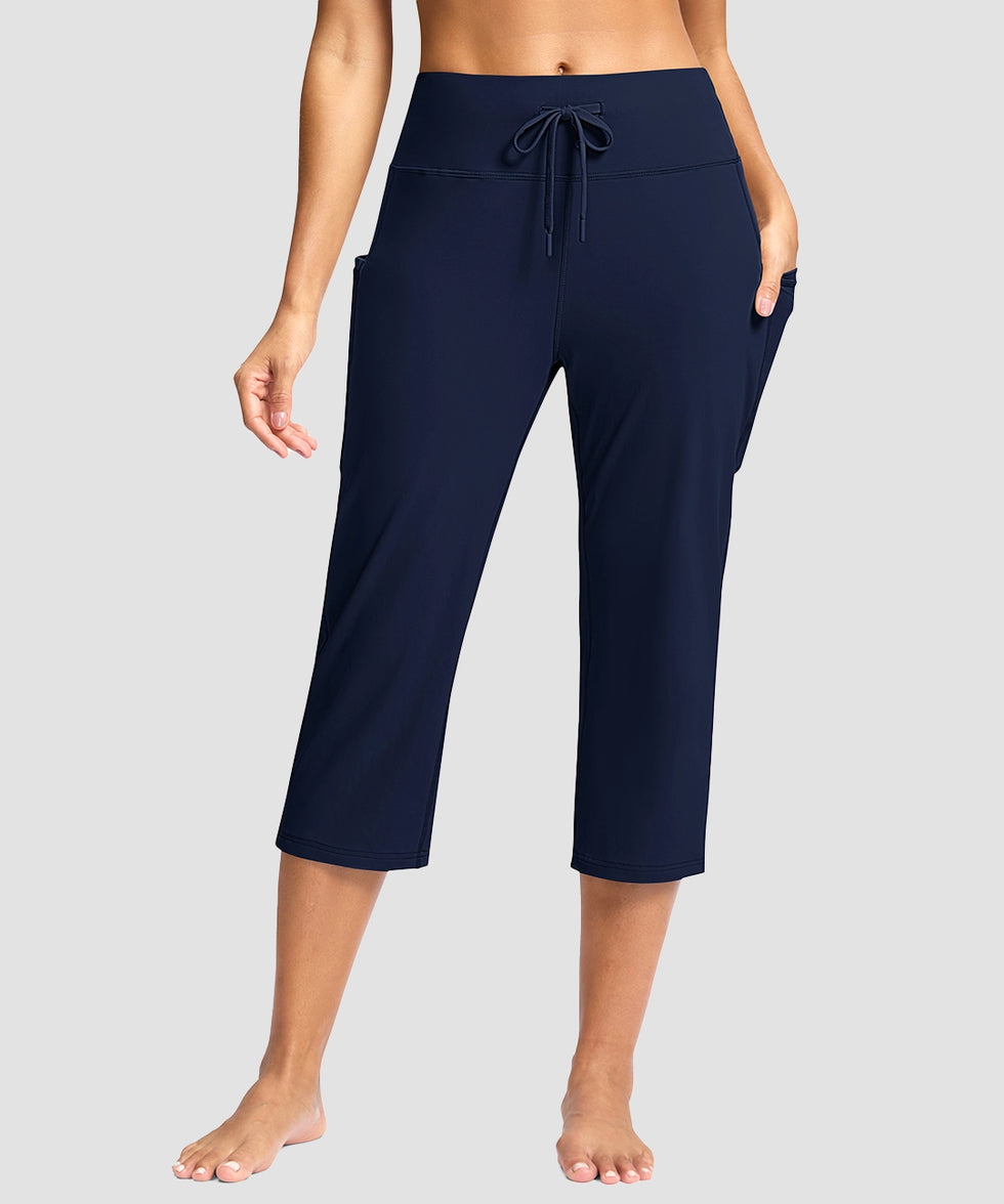 women's straight leg yoga capri pants in navy - front view