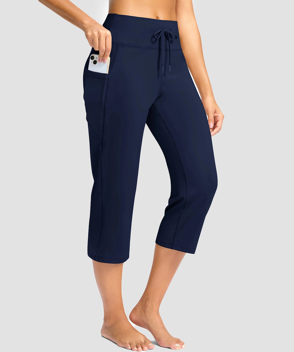 women's straight leg yoga capri pants in navy - pocket details view