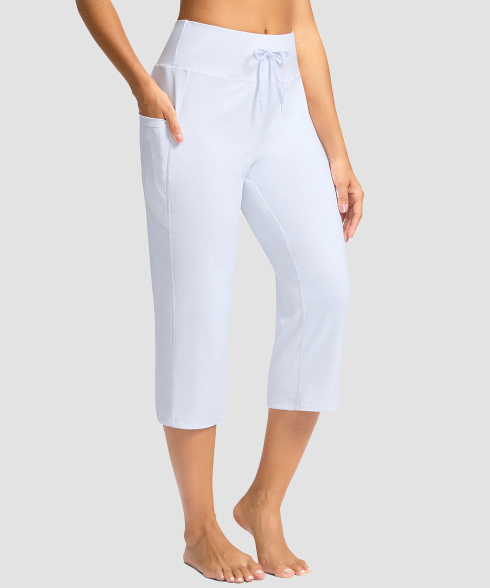 women's straight leg yoga capri pants in white - pocket details view