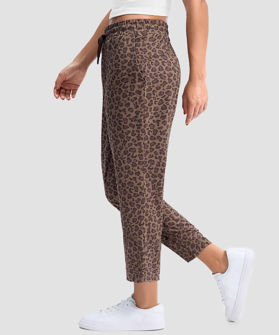 women's stretchy golf pants ankle-length in brown leopard - side view