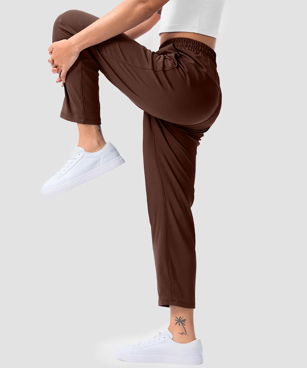 women's stretchy golf pants ankle-length in brown - side view
