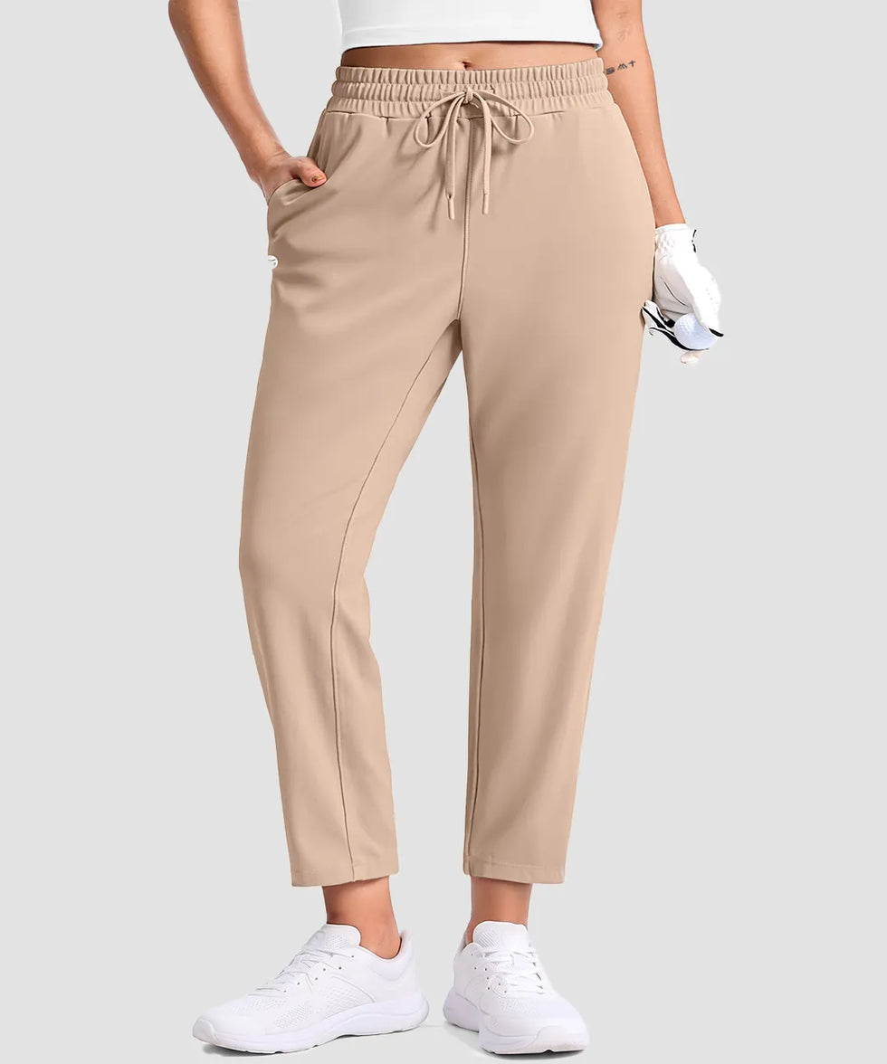 women's stretchy golf pants ankle-length in khaki - pocket detail