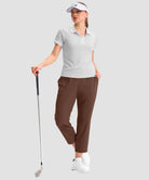 women's stretchy waist with pocket ankle pants in brown - front view