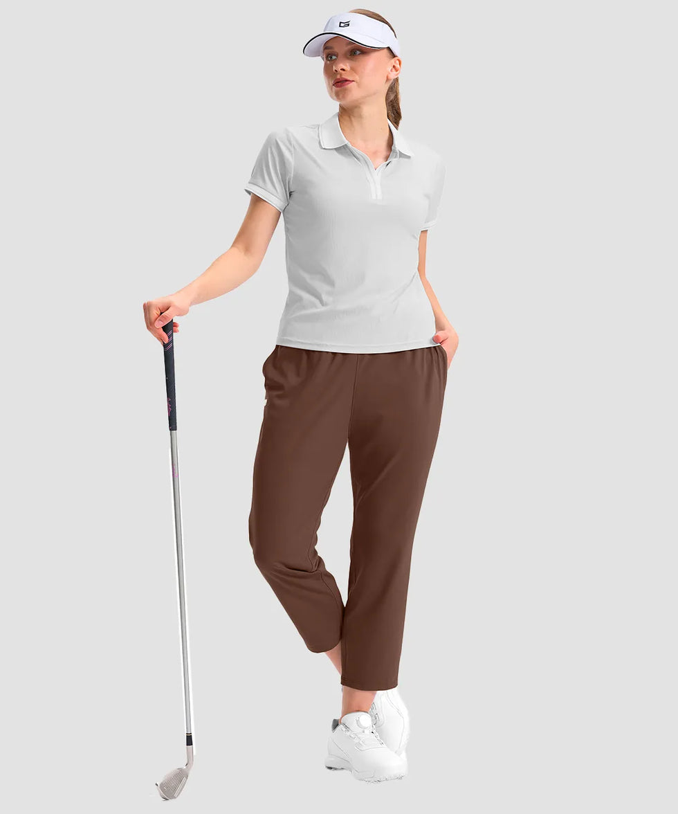 women's stretchy waist with pocket ankle pants in brown - front view