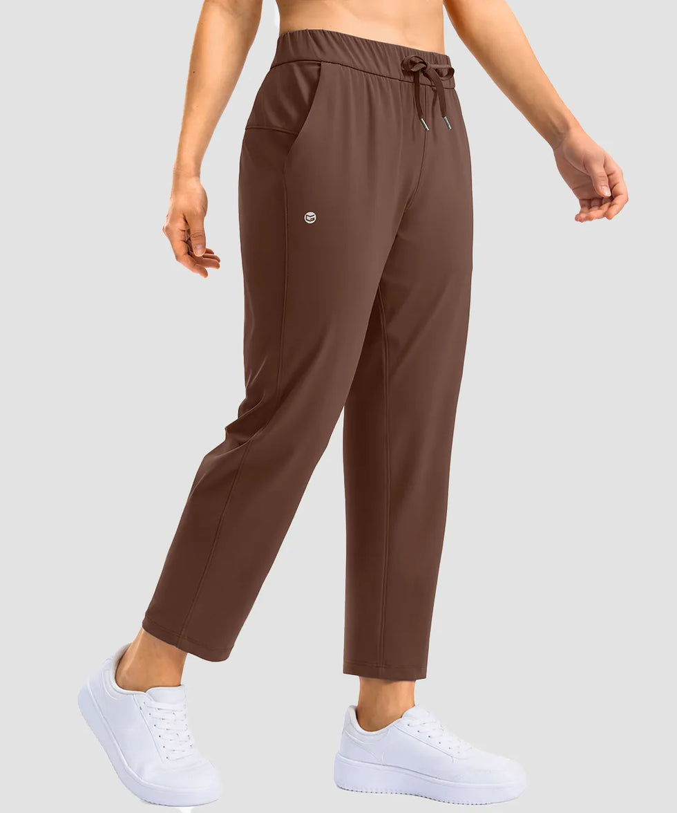 women's stretchy waist with pocket ankle pants in brown - side view