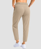 women's stretchy waist with pocket ankle pants in light khaki - back view